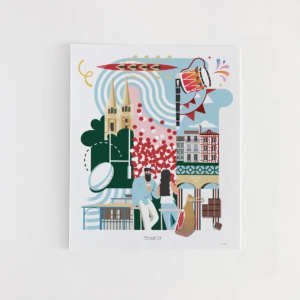 Affiche de la ville de Bayonne, colorée, joyeuse et festive dans des tons de bleus, verts et rouge et blanc.