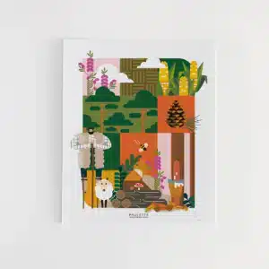 Affiche des la forêt des Landes dans des tons de verts, oranges et roses, avec des pins maritimes et les animaux de la forêt.